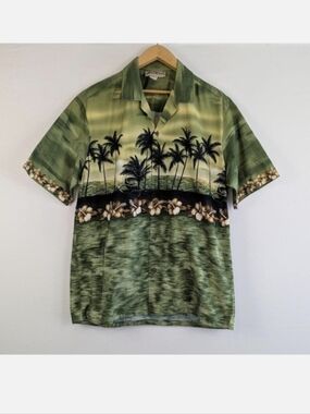 Blue Hawaii Hawaiian Islands Palm Tree Floral Shirt Green Black – Men's XL